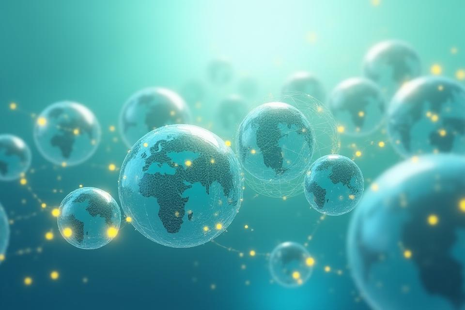 Des globes terrestres superposés avec des connexions lumineuses, symbolisant l'impact global et les relations interculturelles.