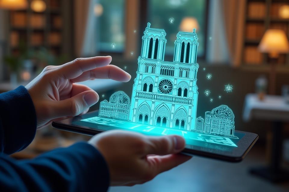 Interface d'une application d'apprentissage du français par IA sur une tablette, avec des éléments de réalité virtuelle.