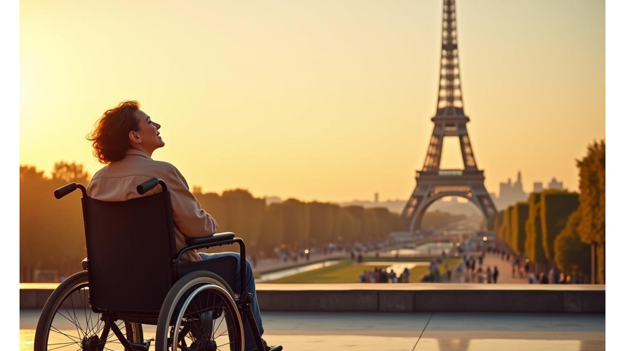 Une personne en fauteuil roulant admirant la Tour Eiffel sans barrières, avec un ciel bleu lumineux.