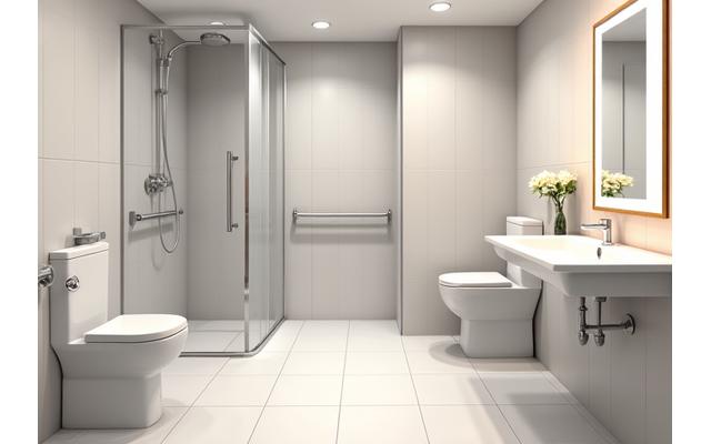 Salle de bain d'hôtel accessible avec barres d'appui, douche à l'italienne et espace pour fauteuil roulant.