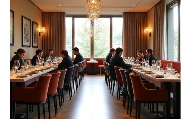Restaurant d'hôtel avec tables bien espacées, chemins clairs et chaises amovibles pour l'accès en fauteuil roulant.