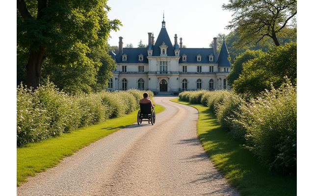 Chemin plat et large traversant un jardin d'un château de la Loire, avec une personne en fauteuil roulant au loin