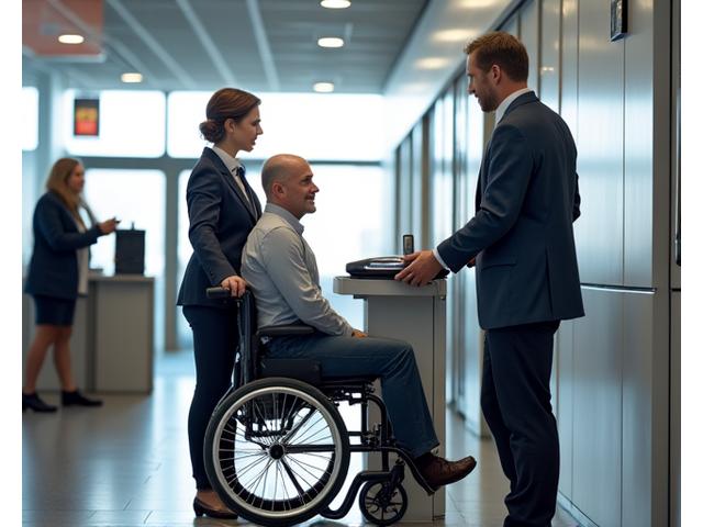 Deux personnes, une en fauteuil roulant et une assistante, discutant devant un terminal accessible dans une gare moderne en France.