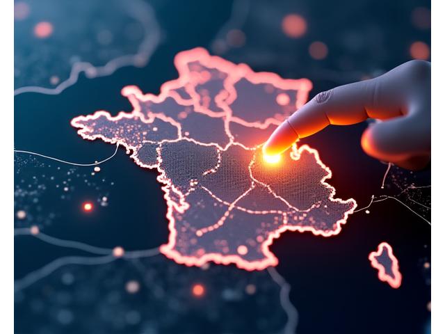 Interface utilisateur affichant une carte de la France avec des points d'intérêt personnalisés, des courbes de données et des éléments d'IA futuristes.