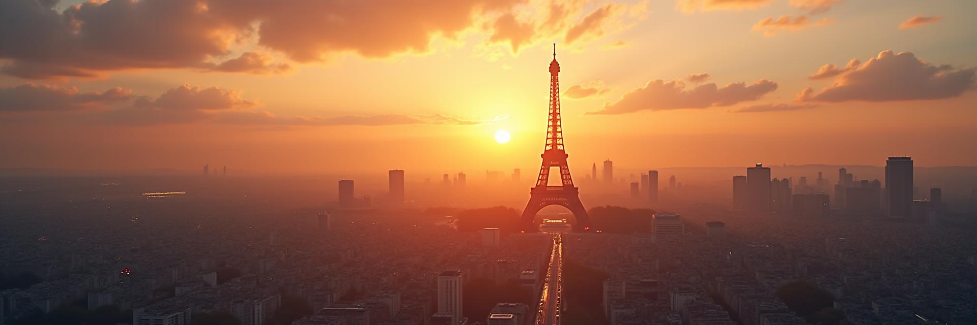 Vue aérienne de Paris au lever du soleil, avec des icônes numériques subtiles représentant l'IA et la planification de voyage superposées.