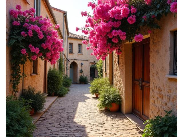 Photo d'une ruelle charmante et peu connue dans un village provençal, avec des fleurs colorées et une lumière douce.