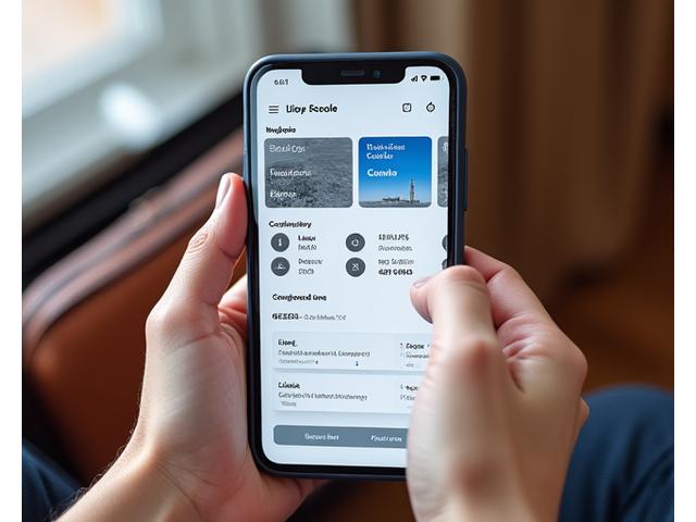 Interface d'une application de voyage sur un smartphone, montrant des options de réservation intégrées pour un vol, un hôtel et une activité.
