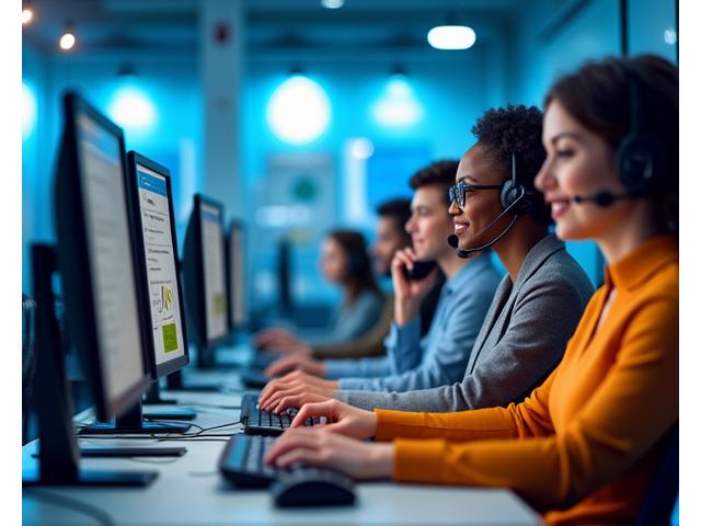 A diverse customer service team engaging with clients, showcasing efficiency and multilingual support.