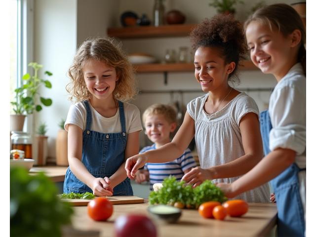 Deux familles, l'une française et l'autre étrangère, riant et préparant un repas ensemble dans une cuisine lumineuse.