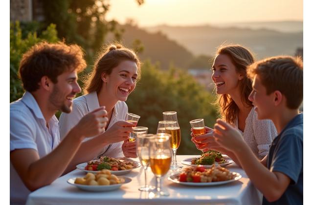 Famille française souriante partageant un repas convivial sur une terrasse ensoleillée, symbolisant l'hospitalité et l'échange culturel.