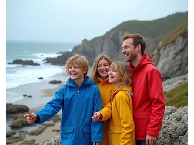 Photo de la famille Le Gall, une jeune famille avec deux enfants jouant sur une plage rocheuse en Bretagne, vêtus de cirés colorés.