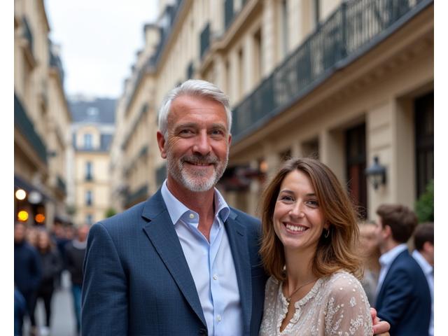 Photo de la famille Dubois, un couple d'âge moyen et leurs deux enfants adolescents souriants devant leur appartement haussmannien à Paris.