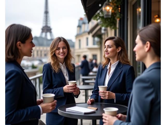 Un groupe d'adultes professionnels en costumes décontractés échangeant des idées vivement dans un café parisien élégant, avec la tour Eiffel en arrière-plan.