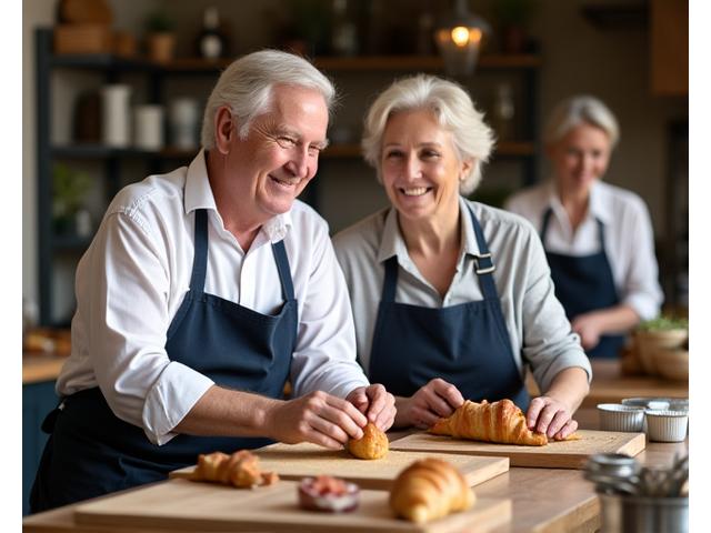 Un couple de séniors souriant participant à un cours de cuisine française traditionnelle dans une cuisine rustique, entourés d'autres participants.