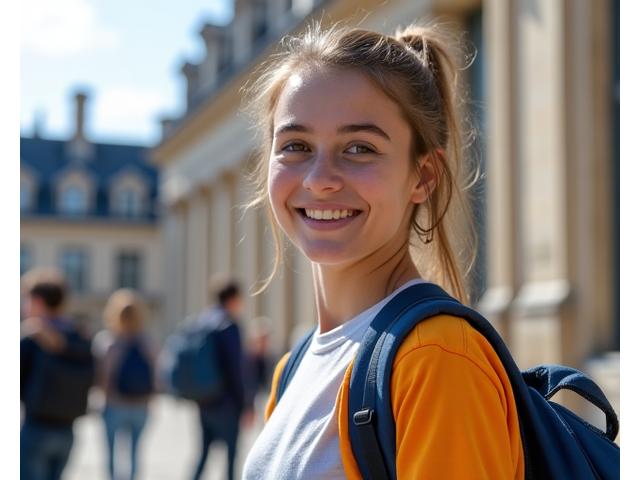 Jeune étudiant souriant avec son sac à dos devant un lycée français historique, entouré d'autres élèves.