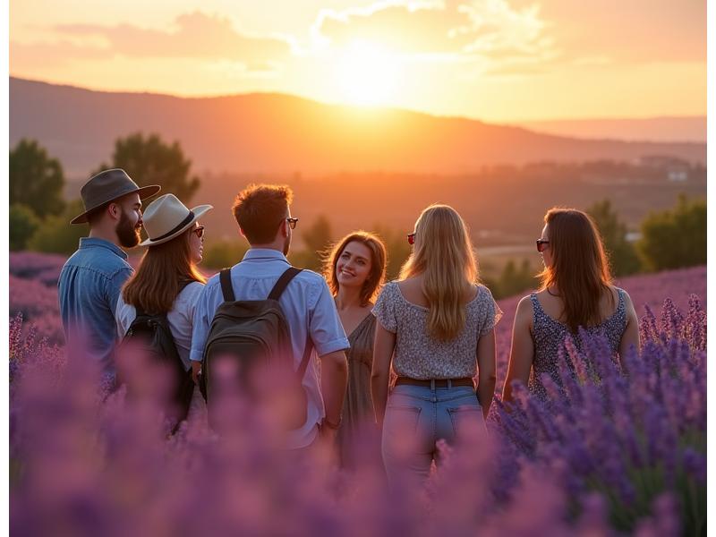 Un petit groupe de voyageurs discutant joyeusement avec un guide local devant un champ de lavande en fleurs en Provence.