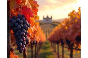 Grappes de raisins mûrs dans un vignoble baigné de couleurs automnales, avec un château lointain.