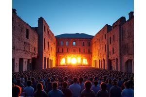 Festival de musique en plein air dans un ancien amphithéâtre romain sous un ciel étoilé d'été.