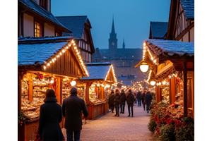 Un marché de Noël féerique dans une ville alsacienne enneigée, avec des lumières scintillantes et des étals décorés.