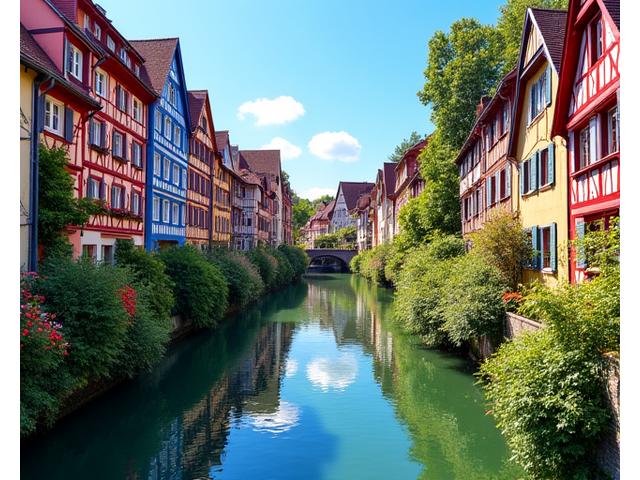 Des maisons à colombages colorées et fleuries le long d'un canal à Colmar, en Alsace, reflétant la fusion culturelle franco-allemande.