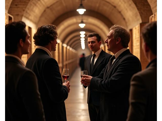 Un sommelier expert guidant des visiteurs à travers une cave à vin ancienne à Bordeaux, lumières tamisées et tonneaux de chêne.