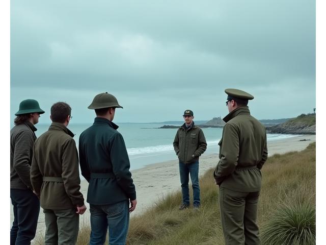 Des visiteurs observant les plages du débarquement en Normandie, un guide expliquant les événements historiques poignants sous un ciel nuageux.
