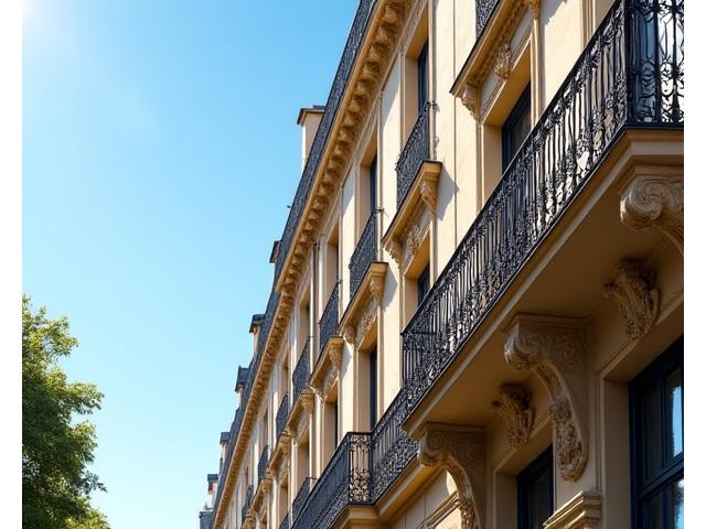 Détail complexe d'une façade haussmannienne à Paris, soulignant l'élégance architecturale de la ville lumière.