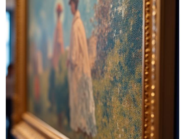 Un chef-d'œuvre impressionniste exposé dans un musée parisien, des détails délicats révélés par un éclairage doux.