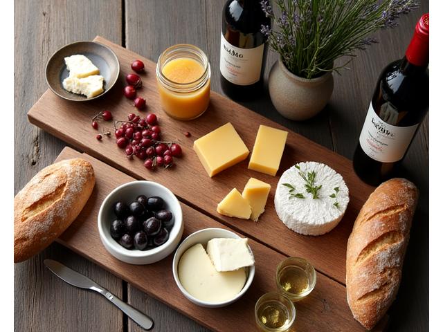 Une table rustique en Provence dressée avec des fromages artisanaux, des pains frais et une bouteille de vin régional, sous le soleil.