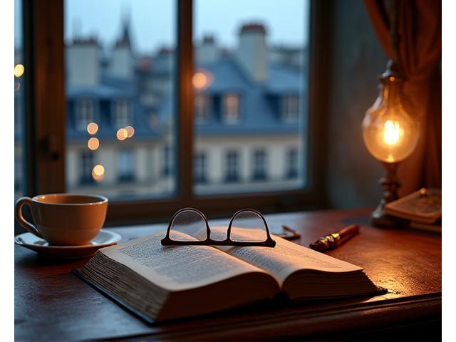 Un vieux livre ouvert avec des lunettes de lecture posées dessus, sur un bureau en bois devant une fenêtre donnant sur les toits de Paris au crépuscule.