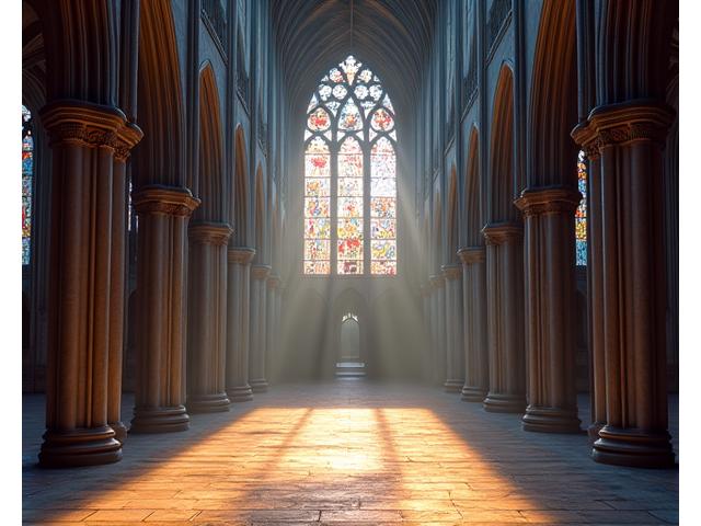 L'intérieur majestueux d'une cathédrale gothique française, avec des vitraux colorés filtrant la lumière divine.