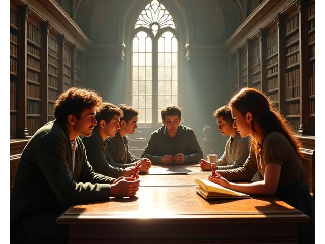 Des étudiants et un professeur débattent dans une salle de conférence historique.
