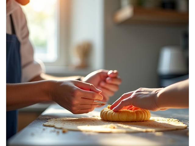 Un chef enseigne la pâtisserie française traditionnelle dans une cuisine lumineuse.