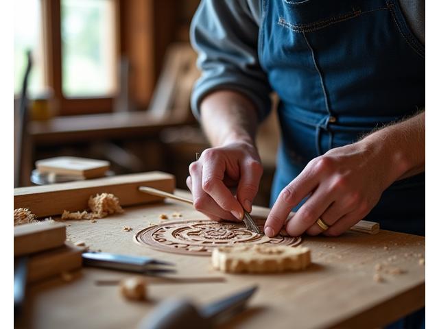 Un artisan travaille le bois dans un atelier ancien, concentré sur les détails.