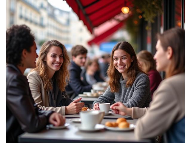 Des étudiants en français débattent joyeusement dans un café parisien typique.
