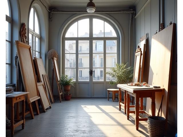Intérieur d'un atelier d'artiste parisien lumineux avec de grandes fenêtres.