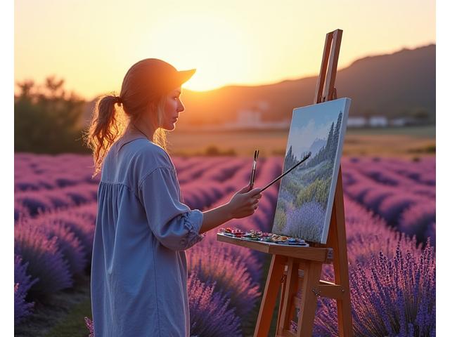Un artiste peint en plein air un paysage provençal avec une palette colorée.