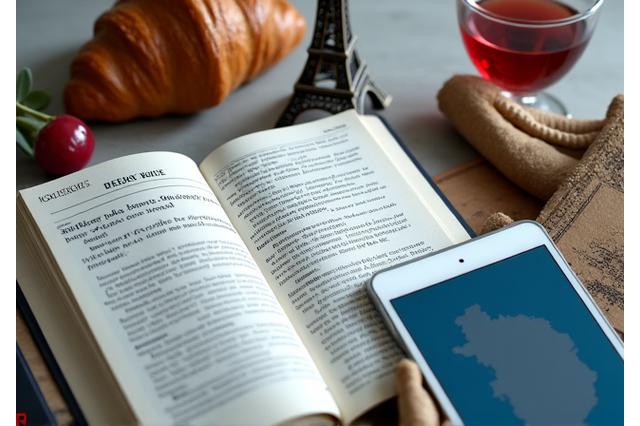 Image d'un guide de voyage ouvert à côté d'une tablette affichant une leçon de français, avec des symboles culturels français en arrière-plan.