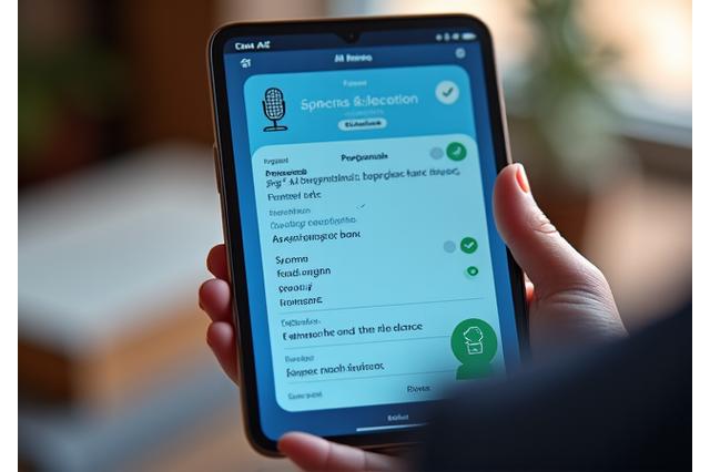 Écran d'application mobile montrant une leçon interactive de français avec reconnaissance vocale.