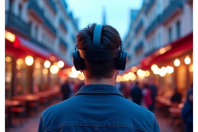 Une personne portant un casque de réalité virtuelle, immergée dans une scène de rue parisienne animée.