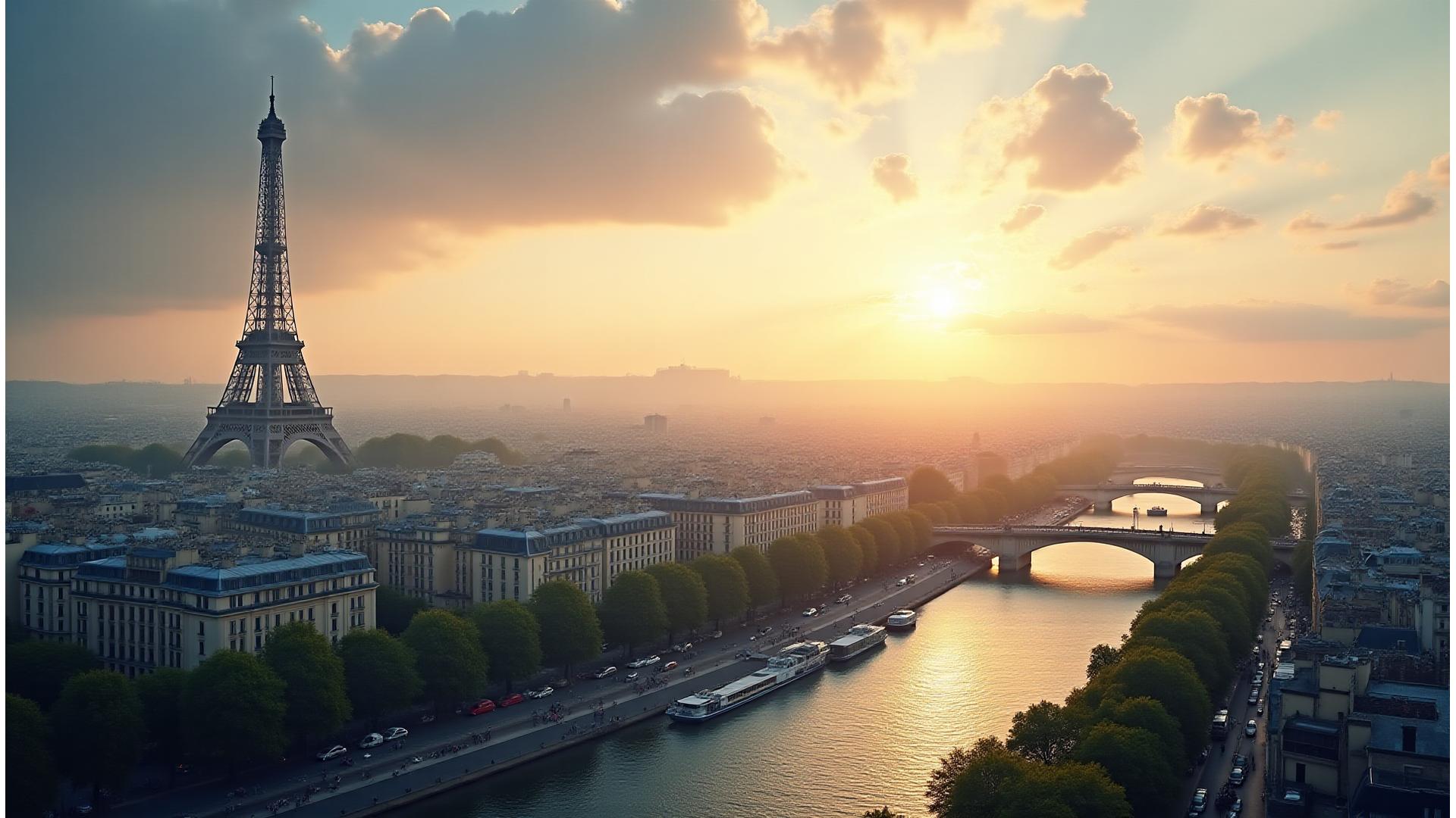 Vue panoramique de Paris au lever du soleil avec la Tour Eiffel et la Seine, incarnant le charme et la richesse culturelle française.