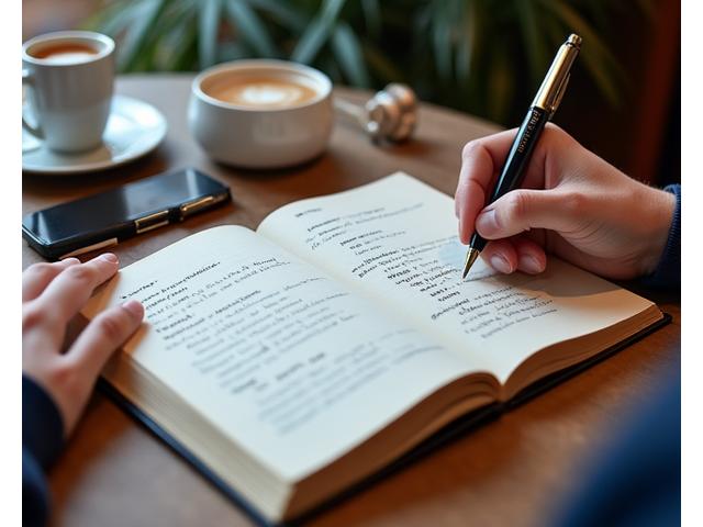 Une main écrivant des phrases en français sur un carnet, avec une tasse de café et des écouteurs à côté, symbolisant l'apprentissage actif de la langue.