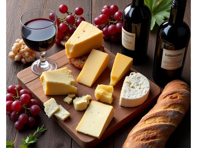 Une sélection de fromages français, du pain frais et une bouteille de vin rouge sur une table en bois rustique, invitant à la découverte de la gastronomie.