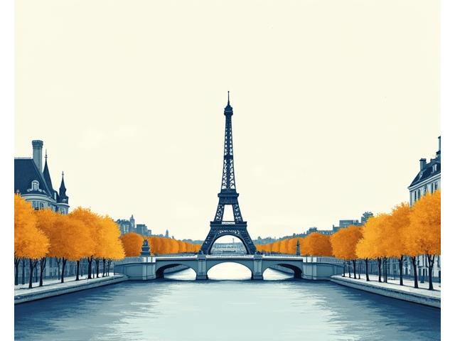 Une couverture de guide de voyage stylisée sur Paris, avec la Tour Eiffel et des éléments typiques de la ville.