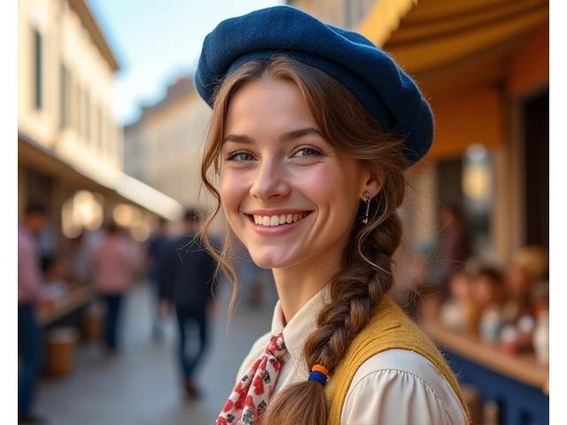 Jeune femme souriante lors d'un festival traditionnel français, vêtue à l'ancienne, symbolisant le voyage culturel authentique.