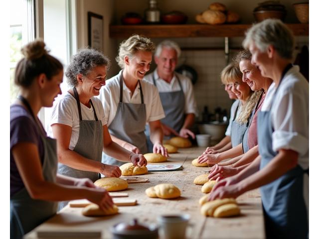 Groupe d'étudiants adultes participant à un atelier de cuisine française traditionnelle dans une cuisine rustique, apprenant à préparer des plats locaux avec un chef.
