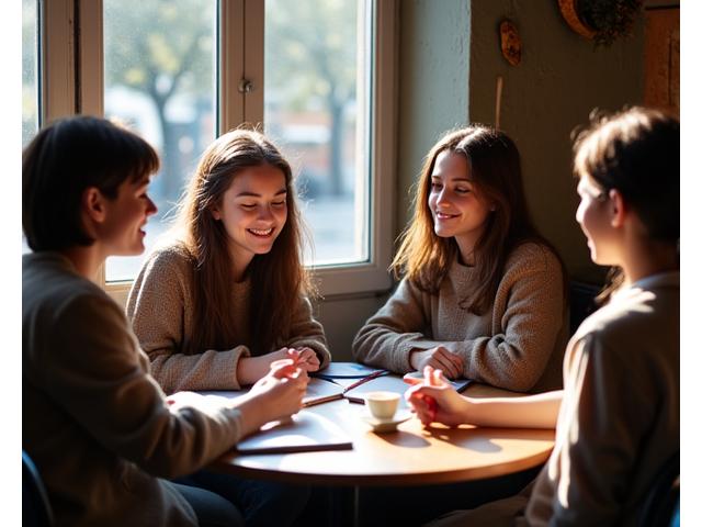 Étudiants engagés dans une conversation animée en français dans un café parisien typique, avec des livres ouverts et des tablettes, illustrant l'apprentissage immersif de la langue.