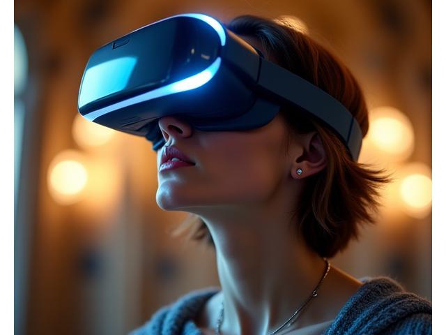 Personne portant un casque de réalité virtuelle, explorant virtuellement un intérieur historique français orné, avec un sourire fasciné, symbolisant les tours virtuels interactifs.