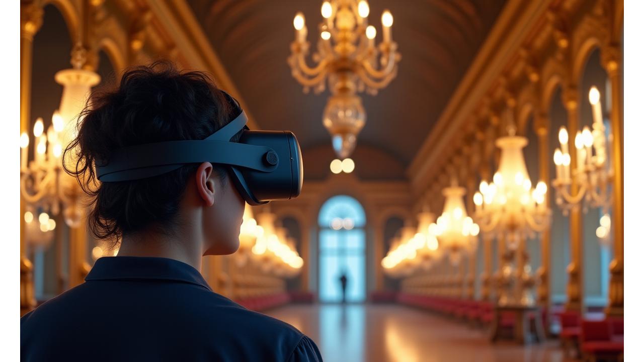Un visiteur souriant portant un casque de réalité virtuelle, transporté dans un grand château français avec des meubles d'époque et des œuvres d'art, symbolisant une expérience de tour virtuel.