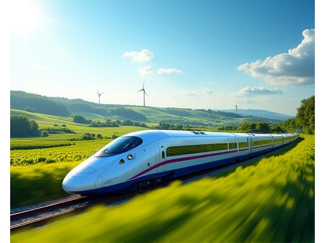 Un train à grande vitesse TGV traversant la campagne française ensoleillée, entouré de champs verdoyants et d'éoliennes lointaines, symbolisant le voyage durable.